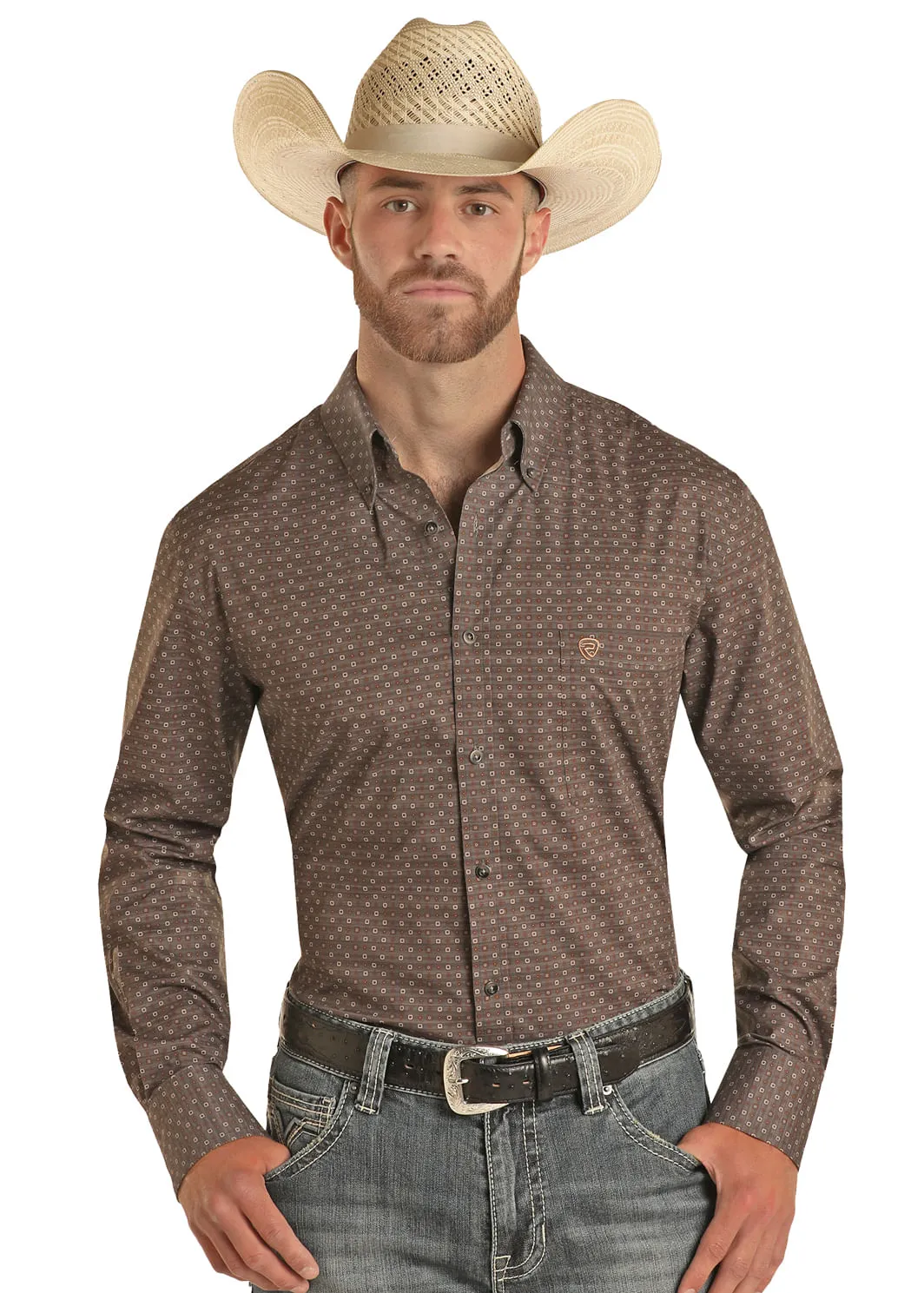 Panhandle Slim Mens Dark Brown Ditsy Long Sleeve Shirt