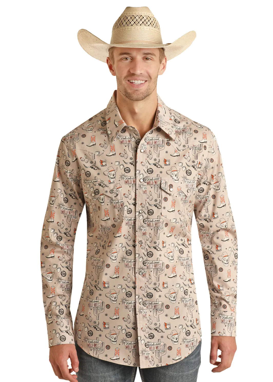 Panhandle Slim Mens Orange Tattoo Pearl Snap Long Sleeve Shirt