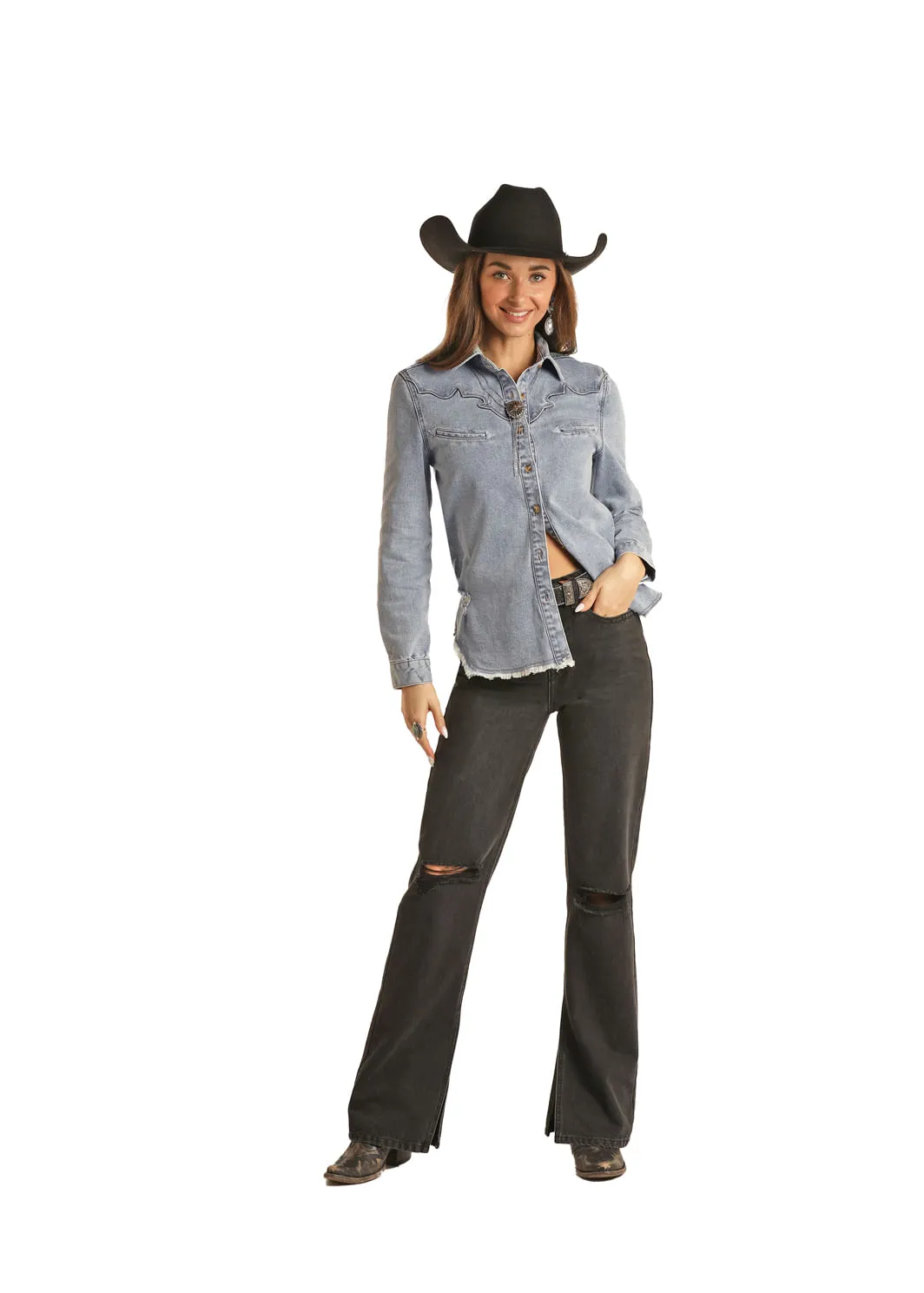 Panhandle Slim Womens Light Wash Denim Long Sleeve Shirt