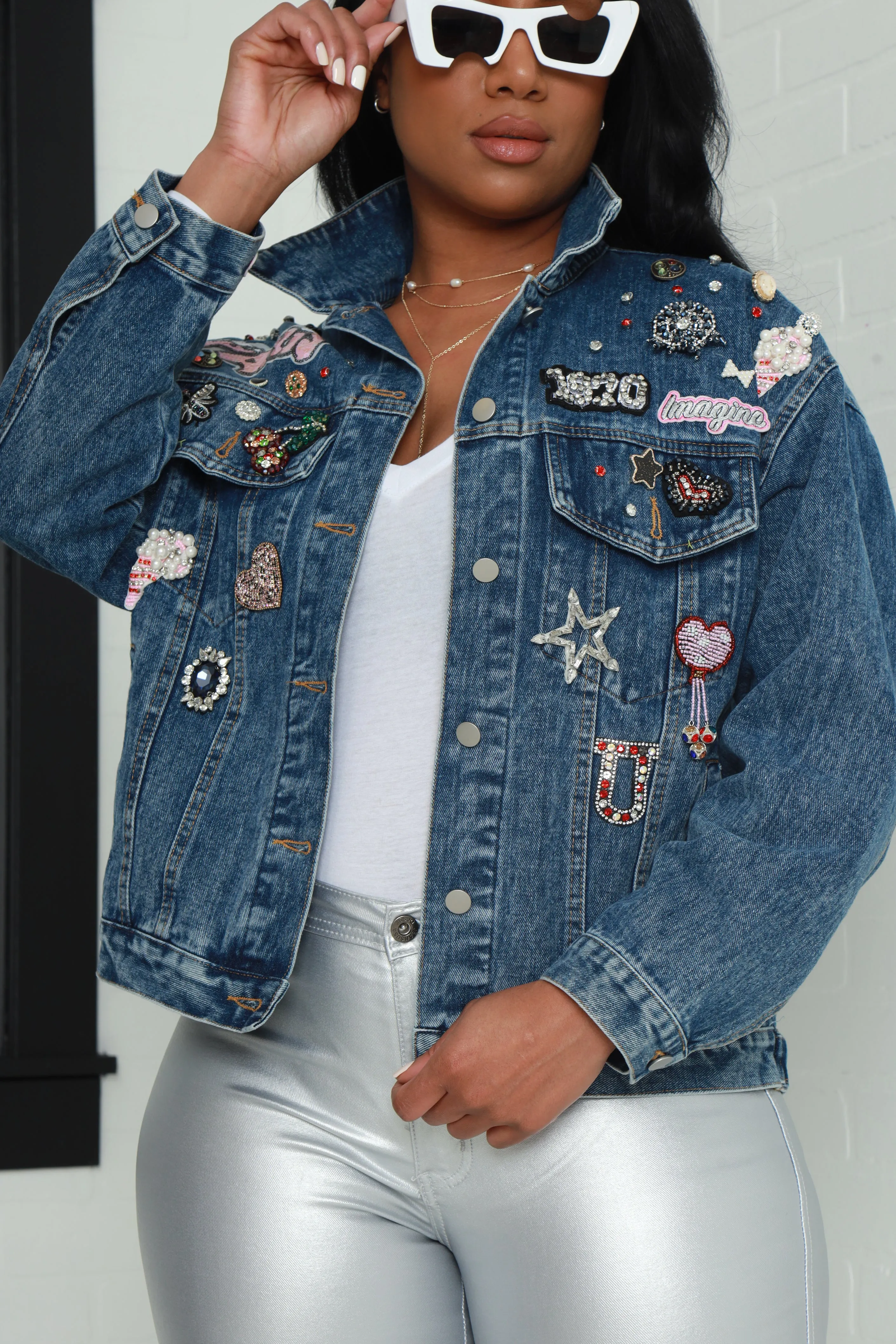 Pick Me Jewel Embellished Patchwork Jacket - Denim