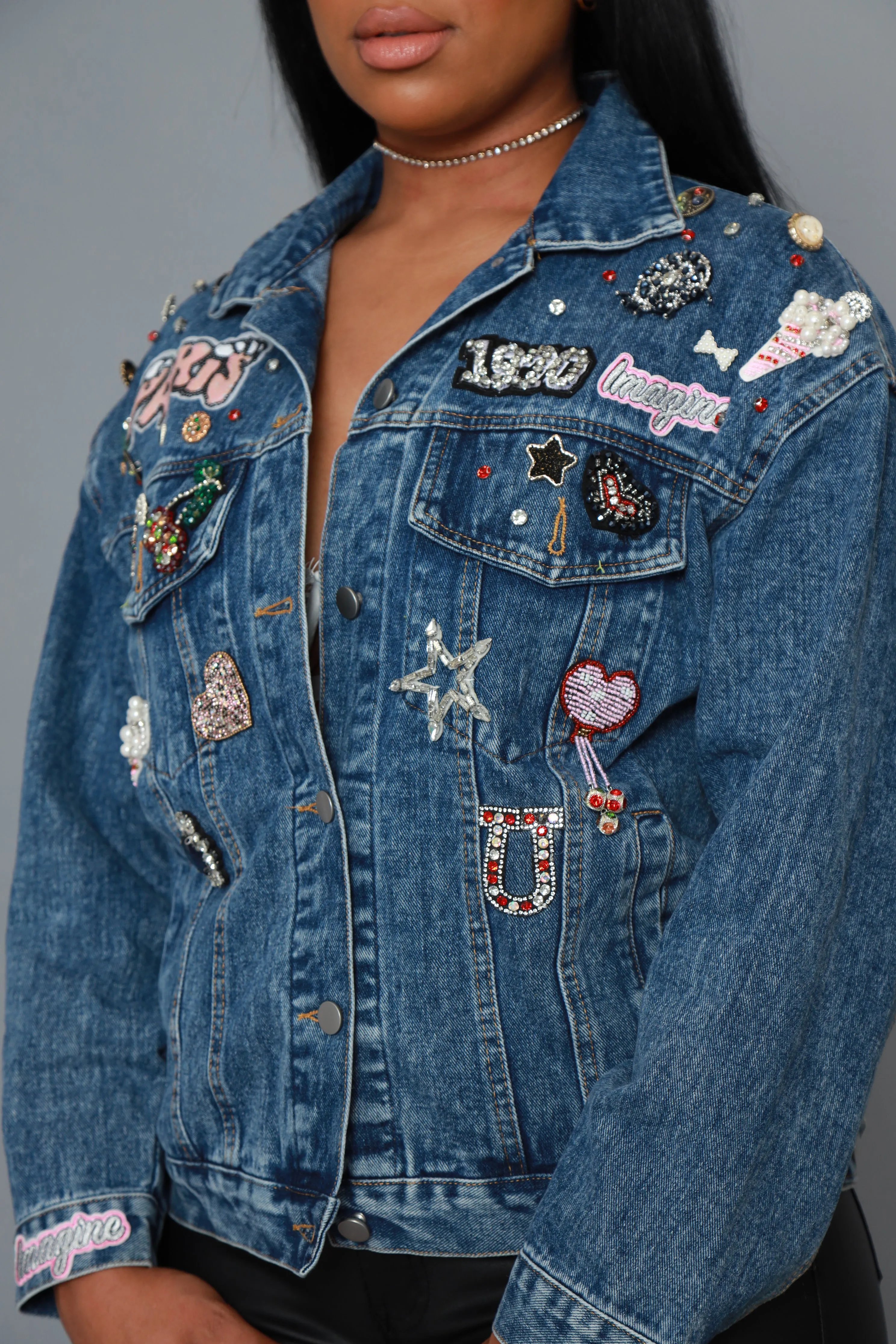 Pick Me Jewel Embellished Patchwork Jacket - Denim