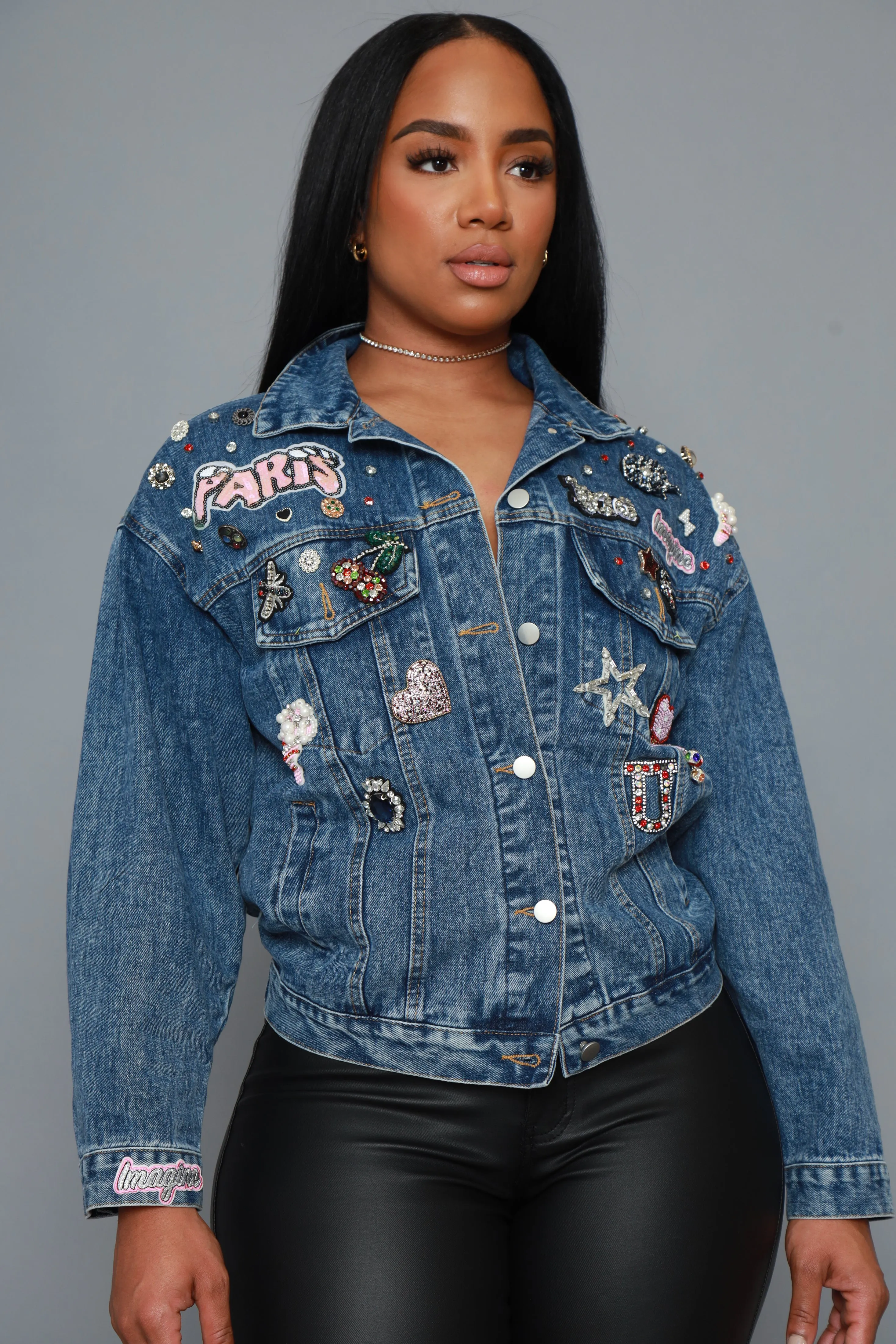 Pick Me Jewel Embellished Patchwork Jacket - Denim