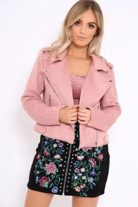 Pink Suedette Biker Jacket - Rachel