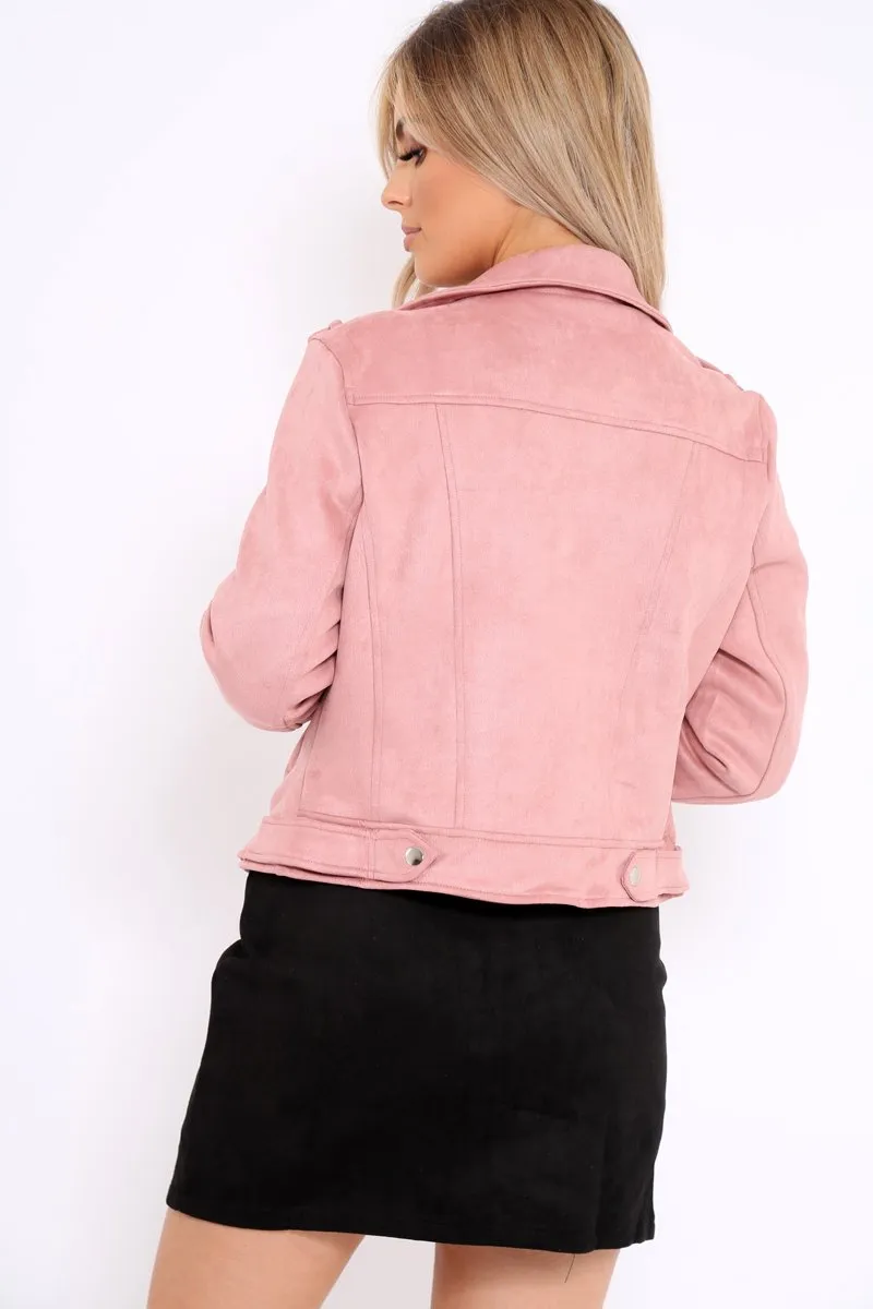 Pink Suedette Biker Jacket - Rachel