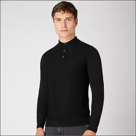 Reums Uomo Black Slim Fit Merino Wool-Blend Long Sleeve knitted Polo>>