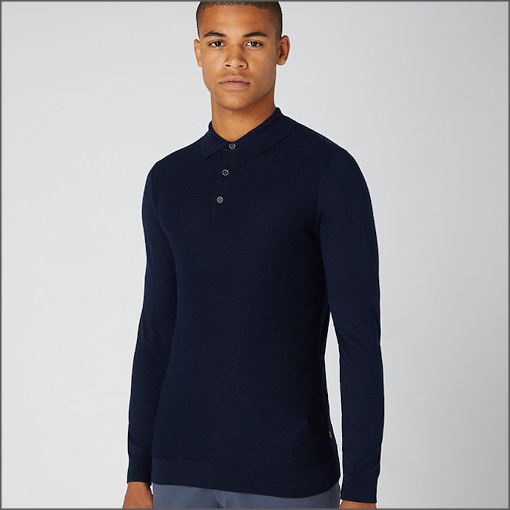 Reums Uomo Navy Slim Fit Merino Wool-Blend Long Sleeve knitted Polo>>