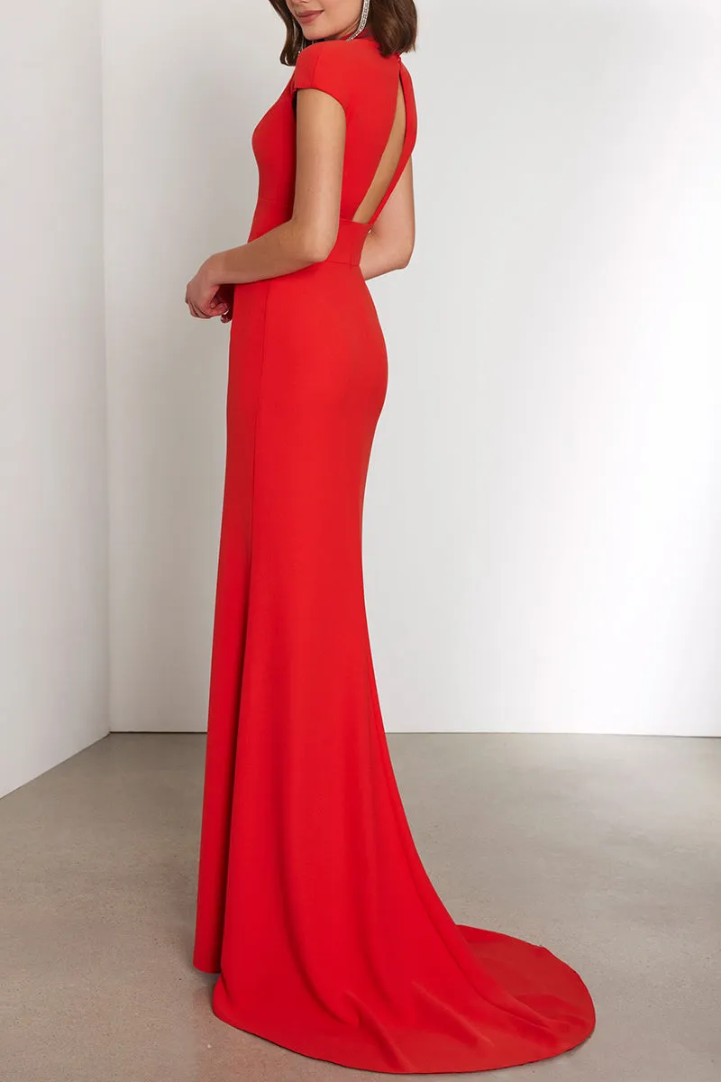 Sexy Fitted V-Neck Cap Sleeves With Slit Evening Cocktail Dress QM3378