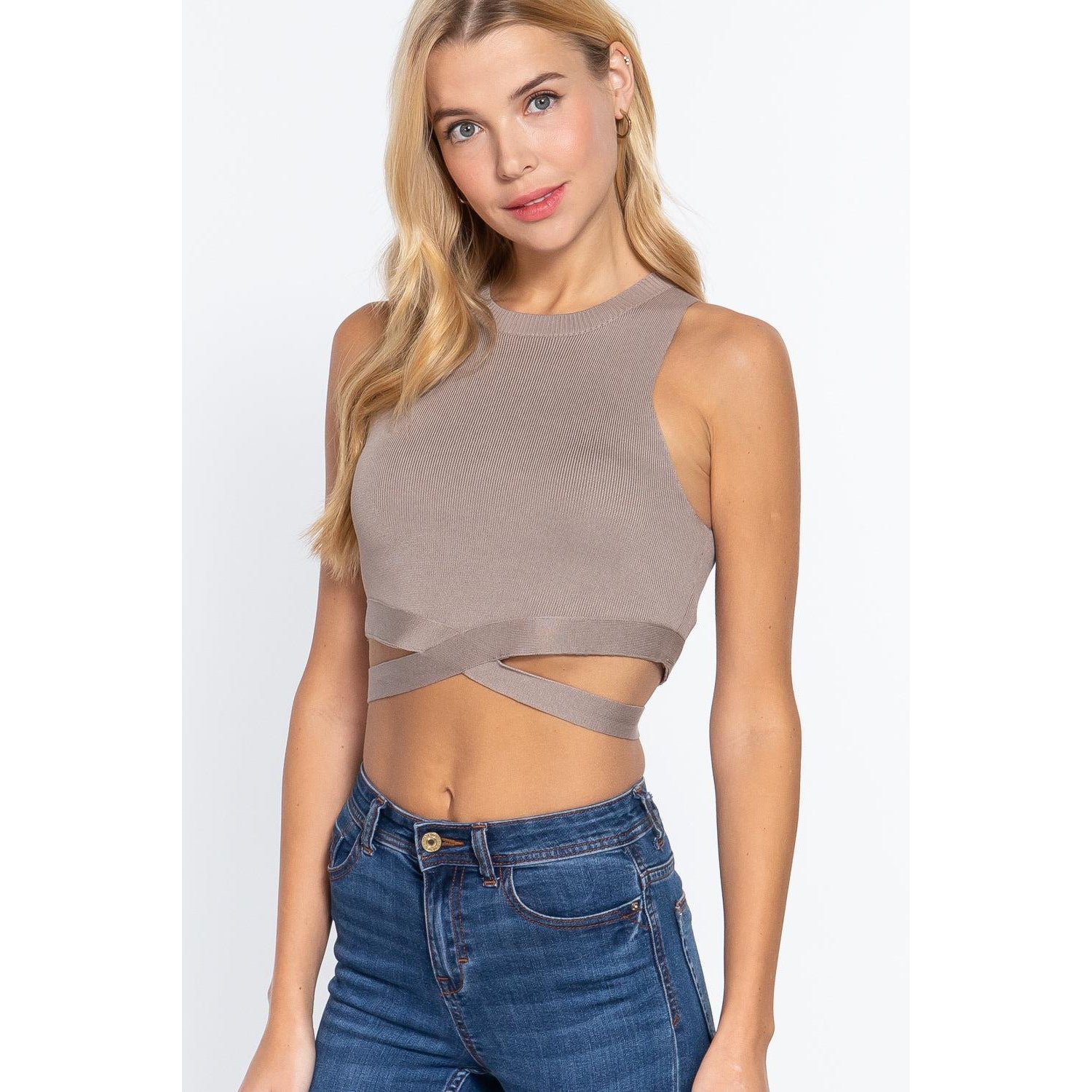 Sleeveless Crew Neck Waist Tie Crop Sweater Top