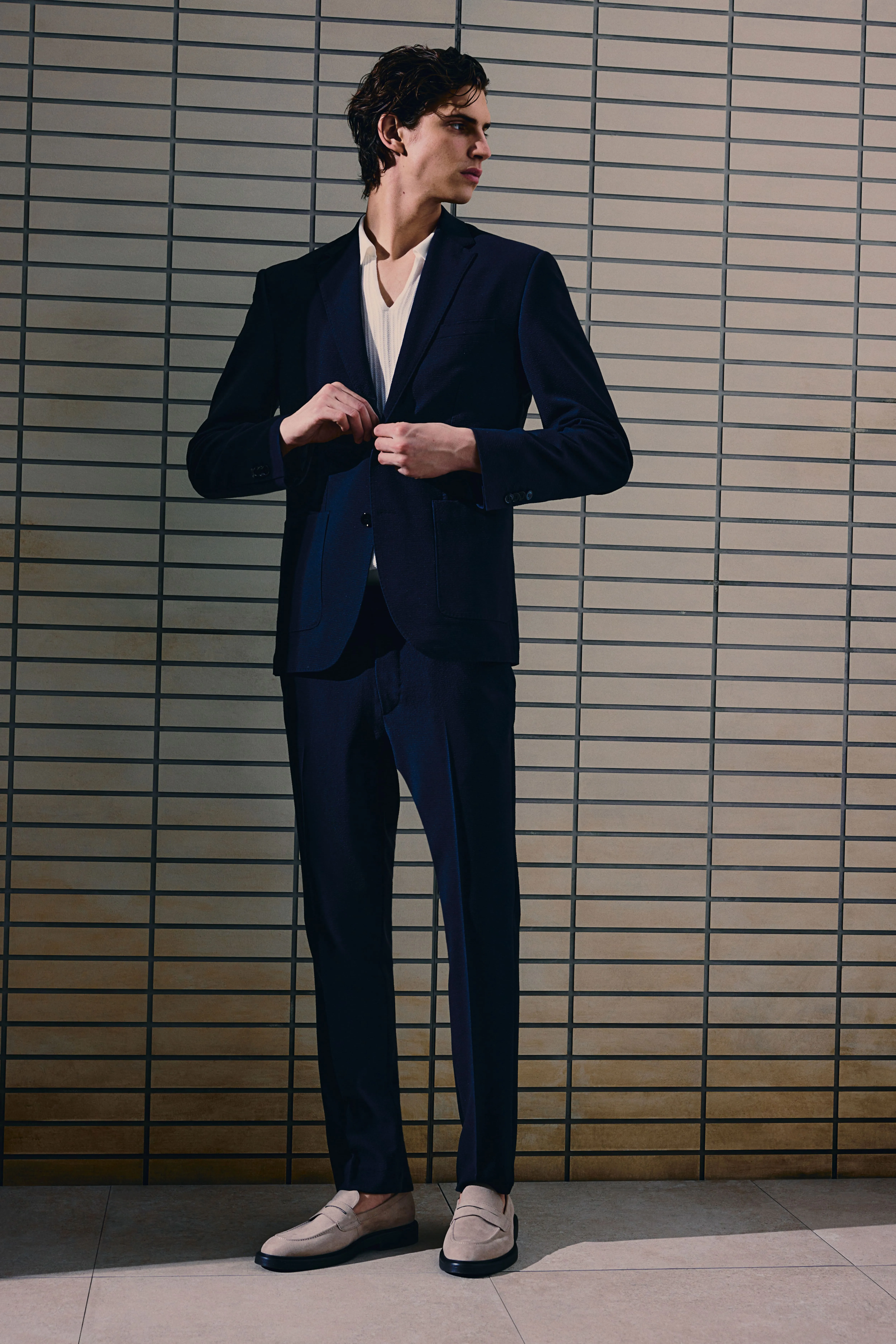 Slim Fit Seersucker jacket - Long sleeve - Regular length - Navy blue - Men | H&M GB