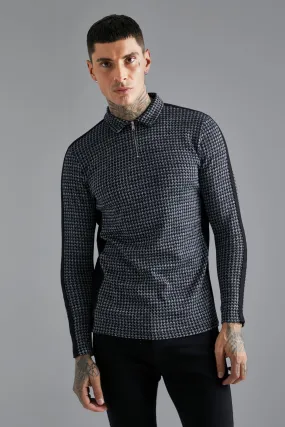 Slim Fit Zip Neck Long Sleeve Jacquard Polo | boohooMAN UK