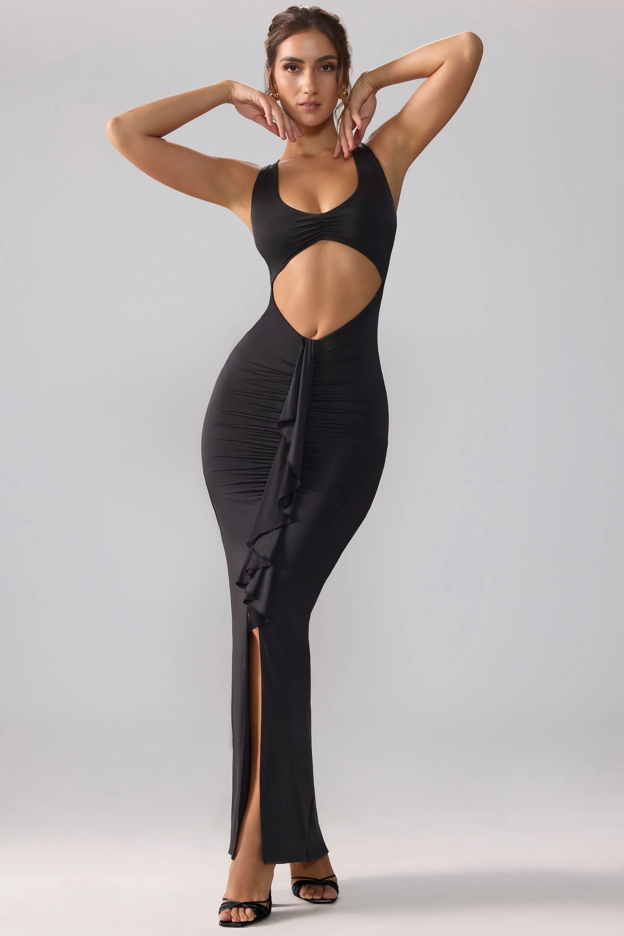 Slinky Jersey Cut Out Ruffle Racerback Maxi Dress in Black