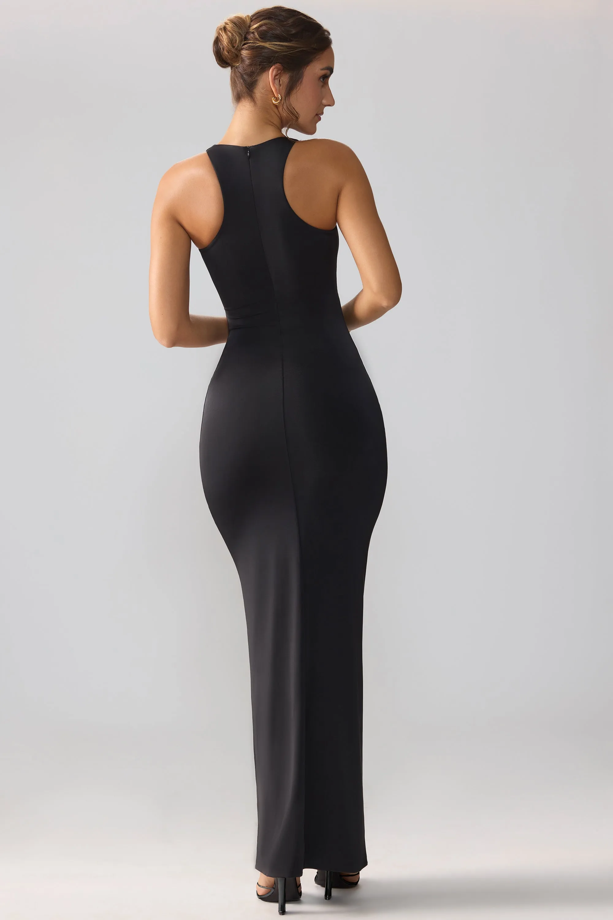 Slinky Jersey Cut Out Ruffle Racerback Maxi Dress in Black