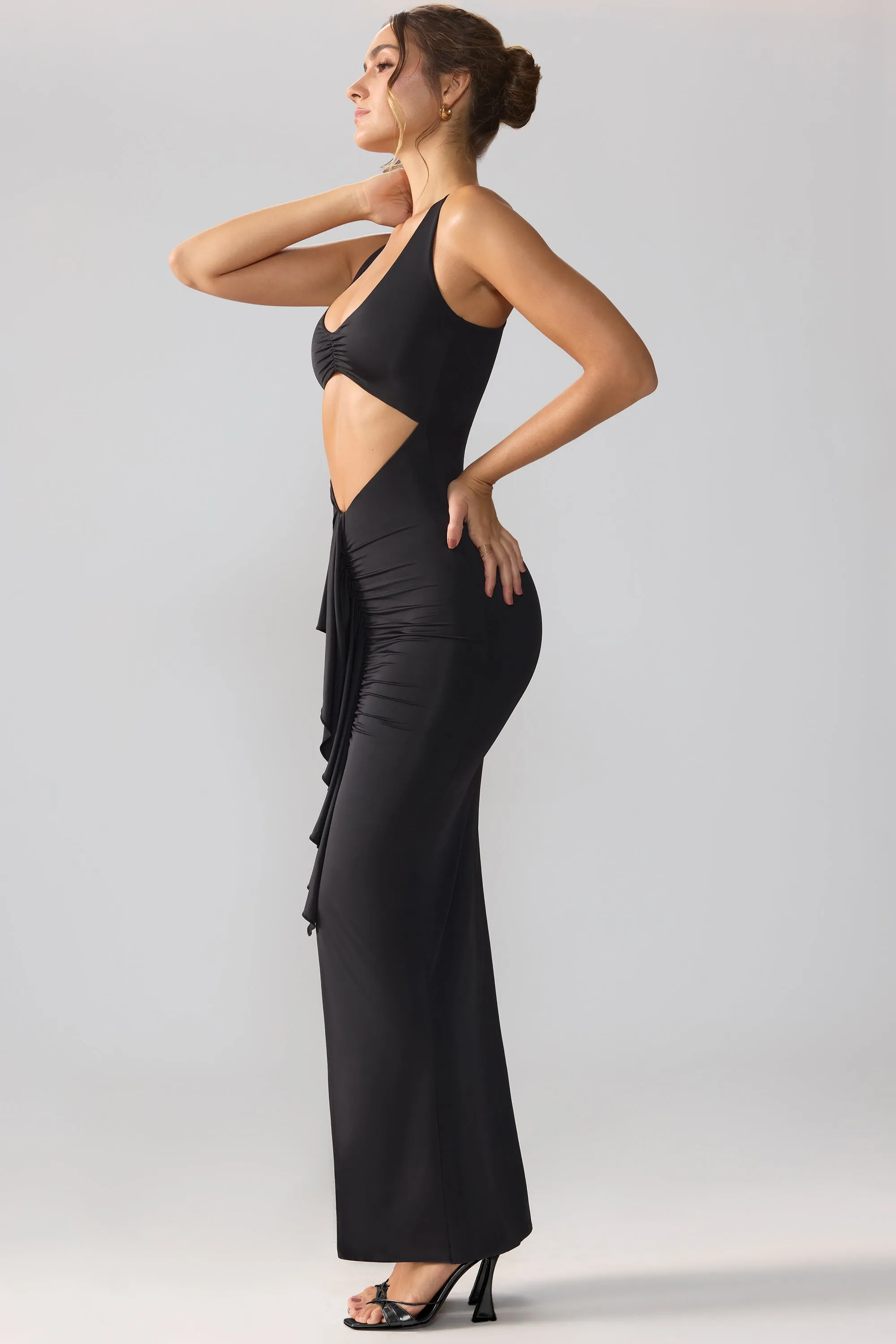 Slinky Jersey Cut Out Ruffle Racerback Maxi Dress in Black