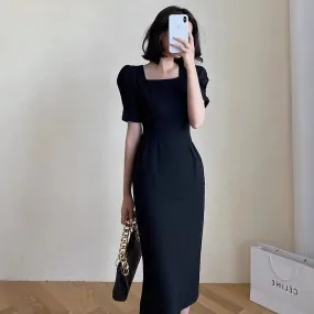 Summer Women Elegant Midi Slim Solid Black Dress Office Lady Fashion Bodycon Puff Sleeve Dress