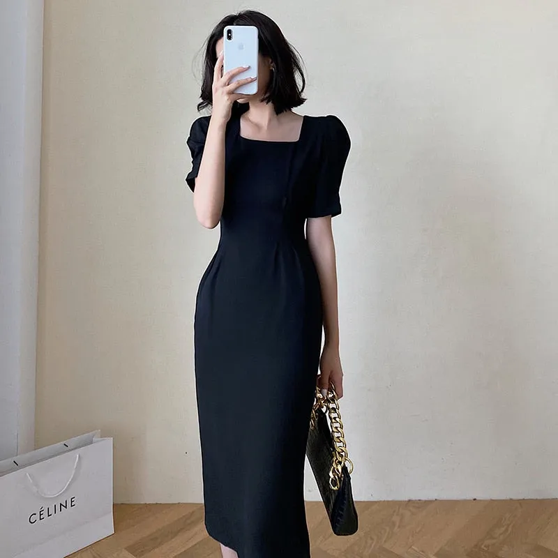 Summer Women Elegant Midi Slim Solid Black Dress Office Lady Fashion Bodycon Puff Sleeve Dress