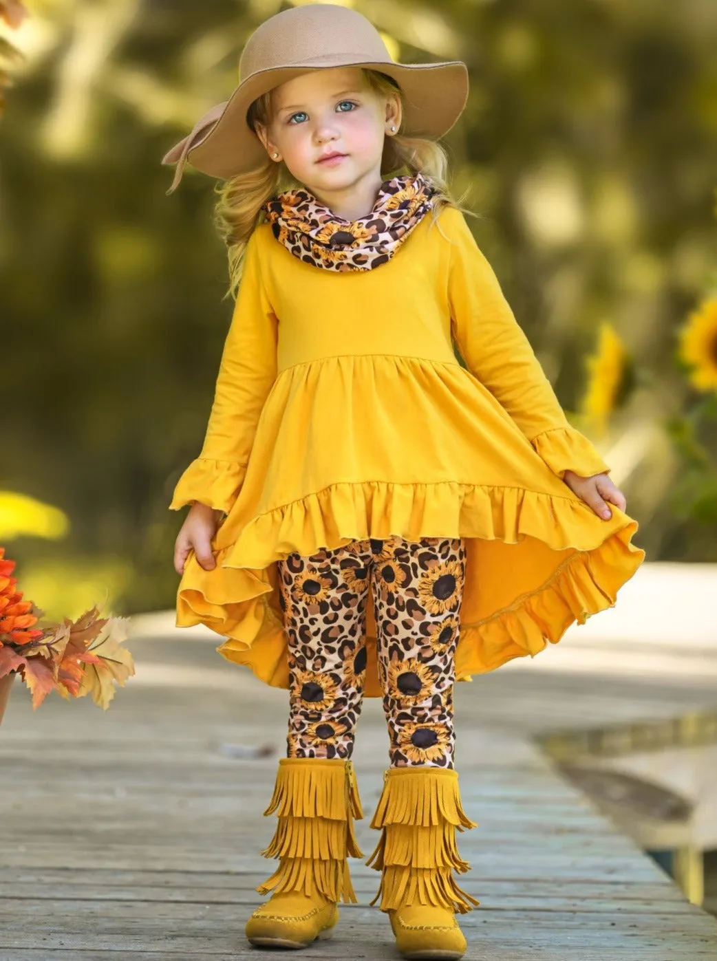 Sunflower Leopard Print Tunic, Legging And Scarf Set