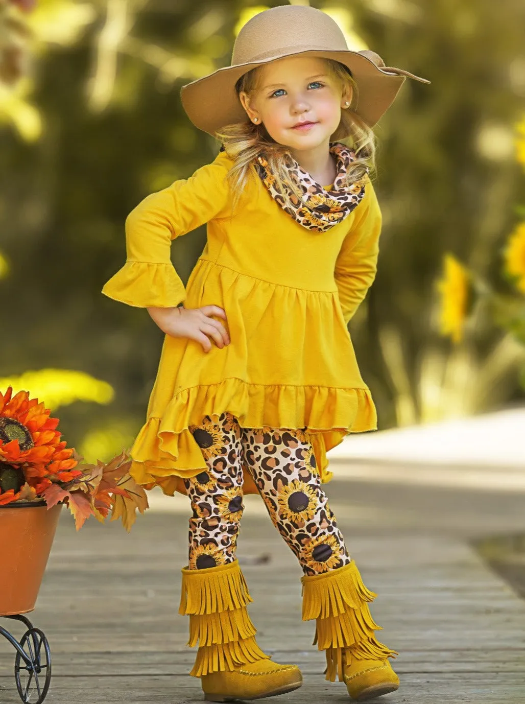 Sunflower Leopard Print Tunic, Legging And Scarf Set