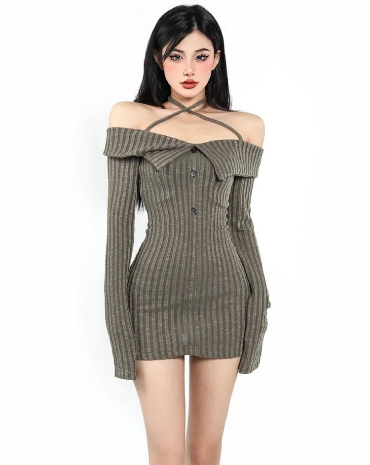 Trixie Off The Shoulder Halter Ribbed Long Sleeve Button Up Slim Mini Dress