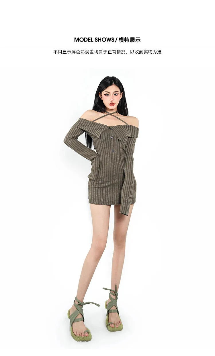 Trixie Off The Shoulder Halter Ribbed Long Sleeve Button Up Slim Mini Dress