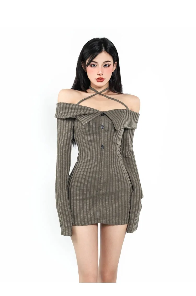 Trixie Off The Shoulder Halter Ribbed Long Sleeve Button Up Slim Mini Dress