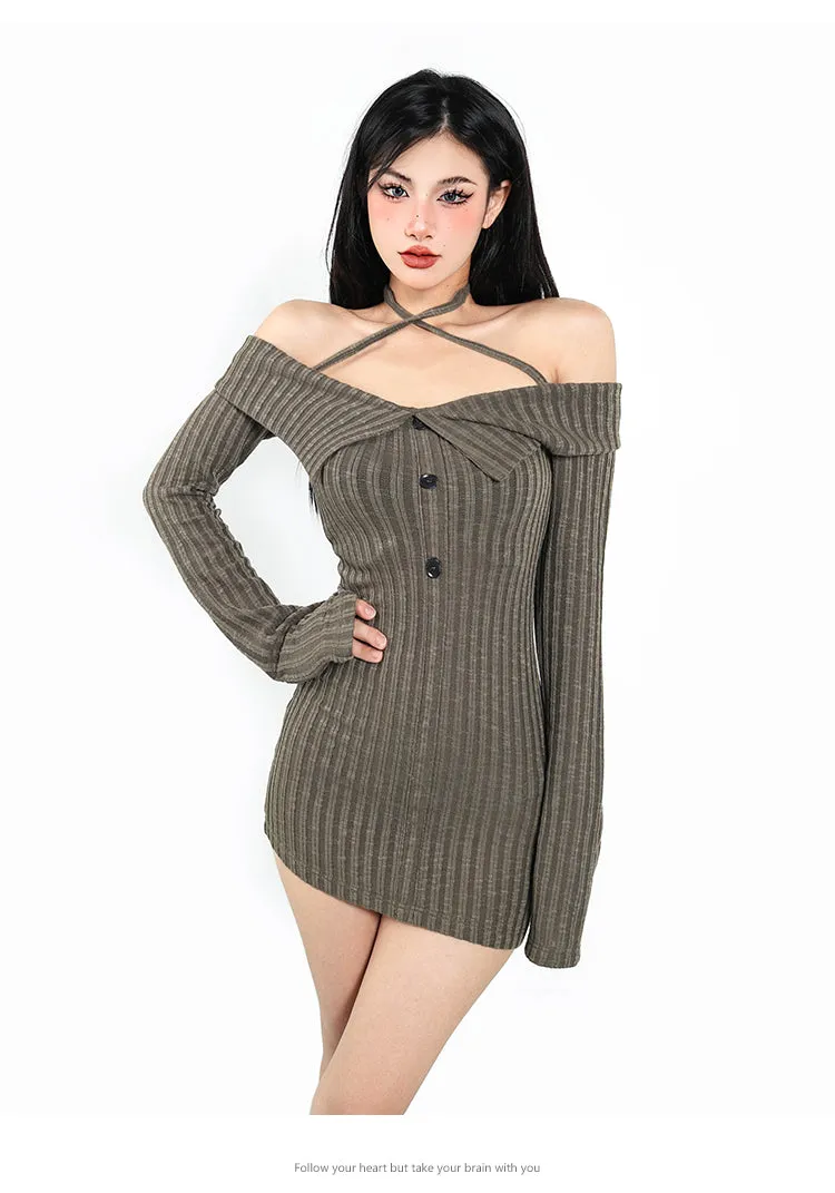 Trixie Off The Shoulder Halter Ribbed Long Sleeve Button Up Slim Mini Dress