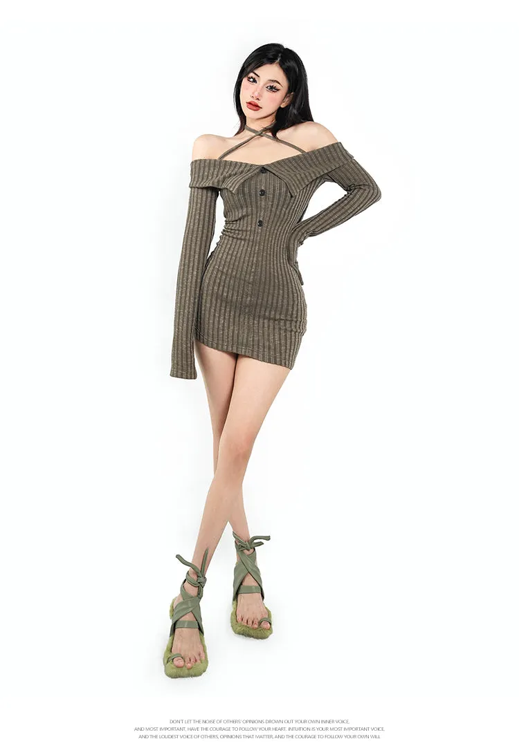 Trixie Off The Shoulder Halter Ribbed Long Sleeve Button Up Slim Mini Dress