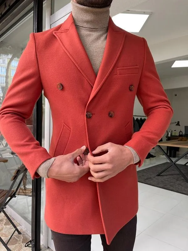 Verno Tile Slim Fit Double Breasted Wool Long Coat