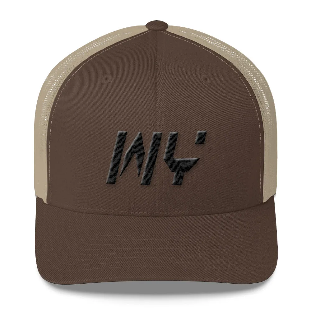 Wyoming - Mesh Back Trucker Cap - Black Embroidery - WY - Many Hat Color Options Available