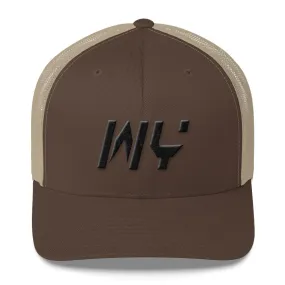 Wyoming - Mesh Back Trucker Cap - Black Embroidery - WY - Many Hat Color Options Available