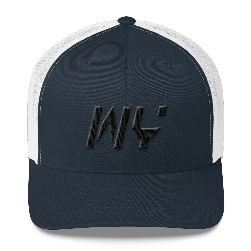 Wyoming - Mesh Back Trucker Cap - Black Embroidery - WY - Many Hat Color Options Available