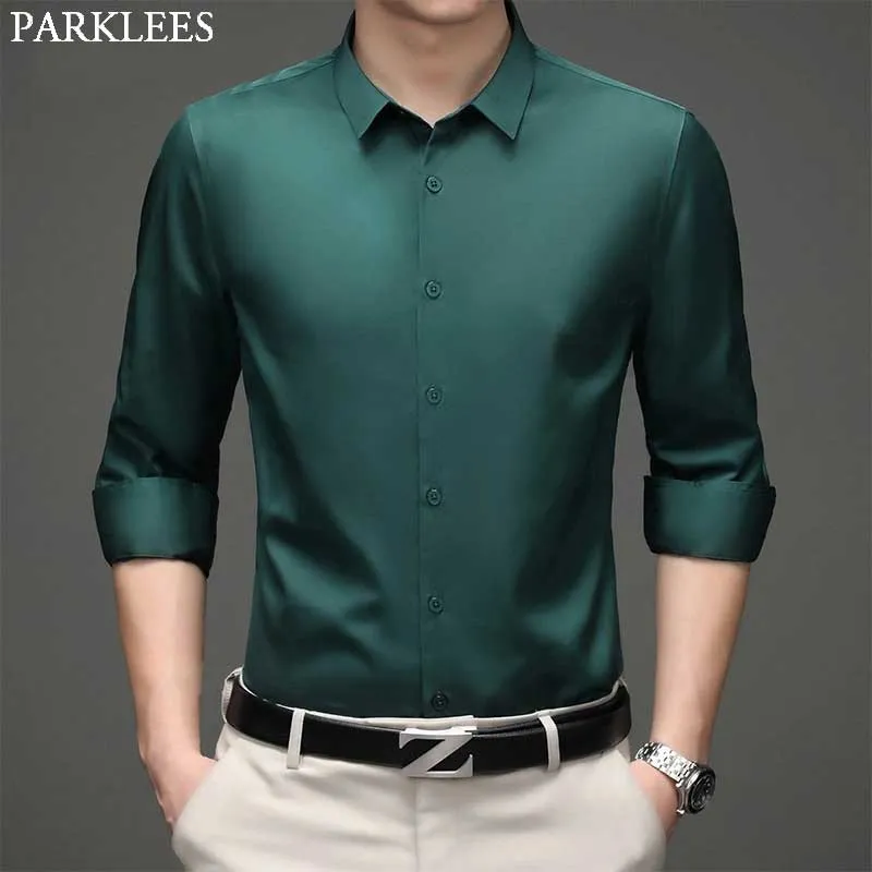 Xituodai Green Mens Dress Shirts 2022 Brand New Superfine Long Sleeve Shirt Men Slim Fit Elastic Breathable Non-Iron Quality Shi