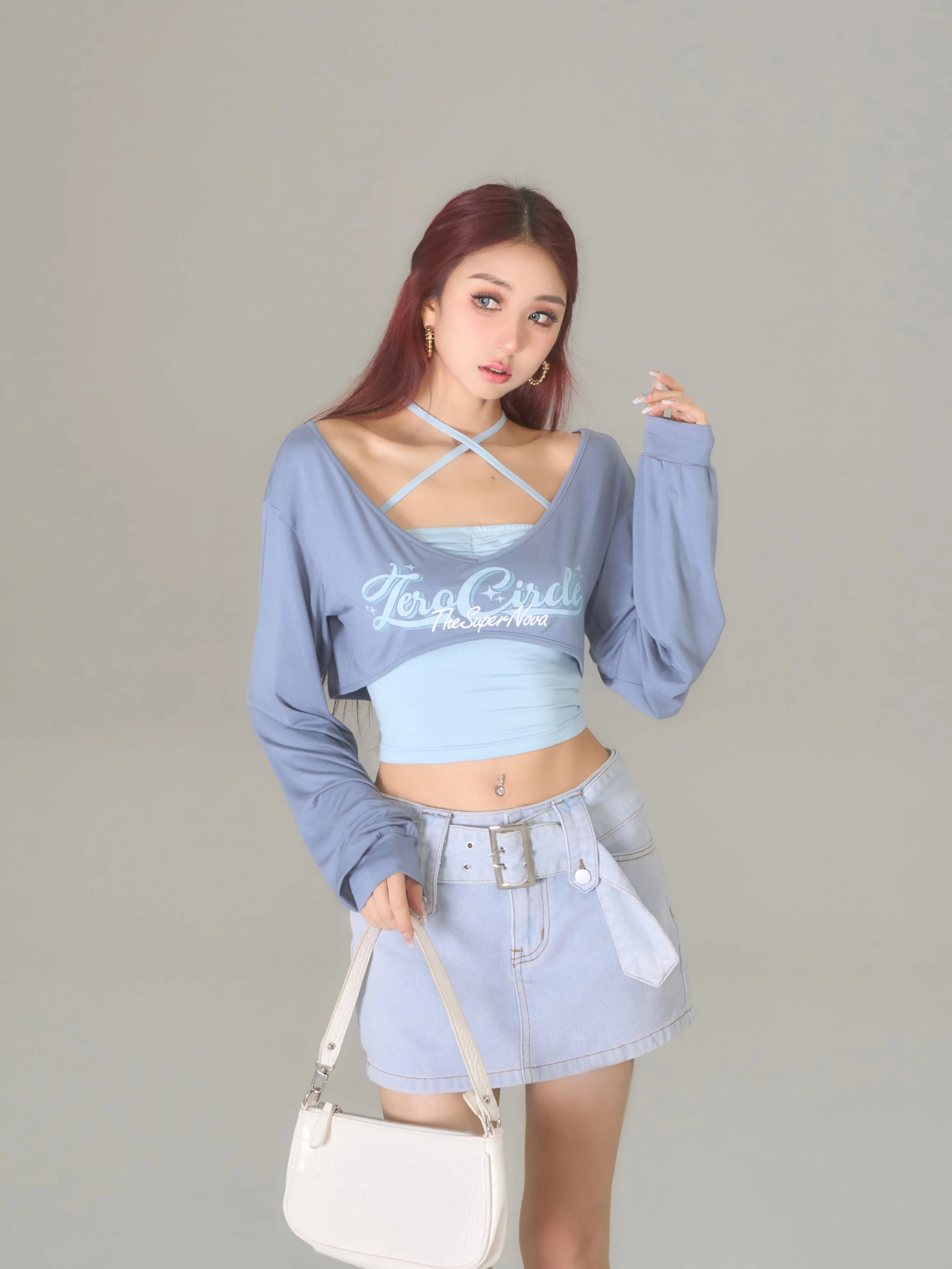 ZeroCircle Powder Color Suspender Two-piece Slim Halter Off-the-Shoulder Long Sleeve Cropped Top Set