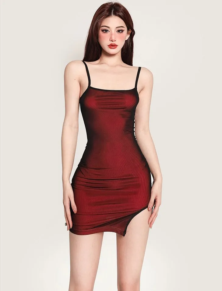 Zhou Black Red Slim Spaghetti Strap Side Slit Mini Dress + Black Long Sleeve Mesh See Through Cardigan Set