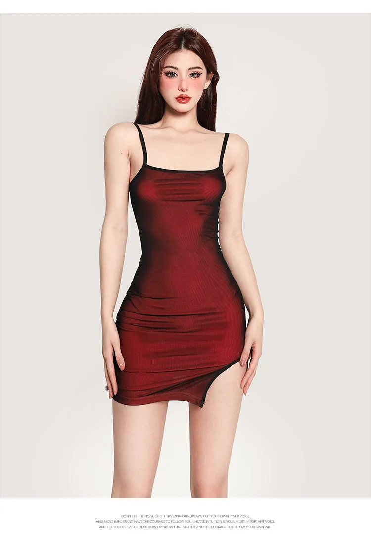 Zhou Black Red Slim Spaghetti Strap Side Slit Mini Dress + Black Long Sleeve Mesh See Through Cardigan Set